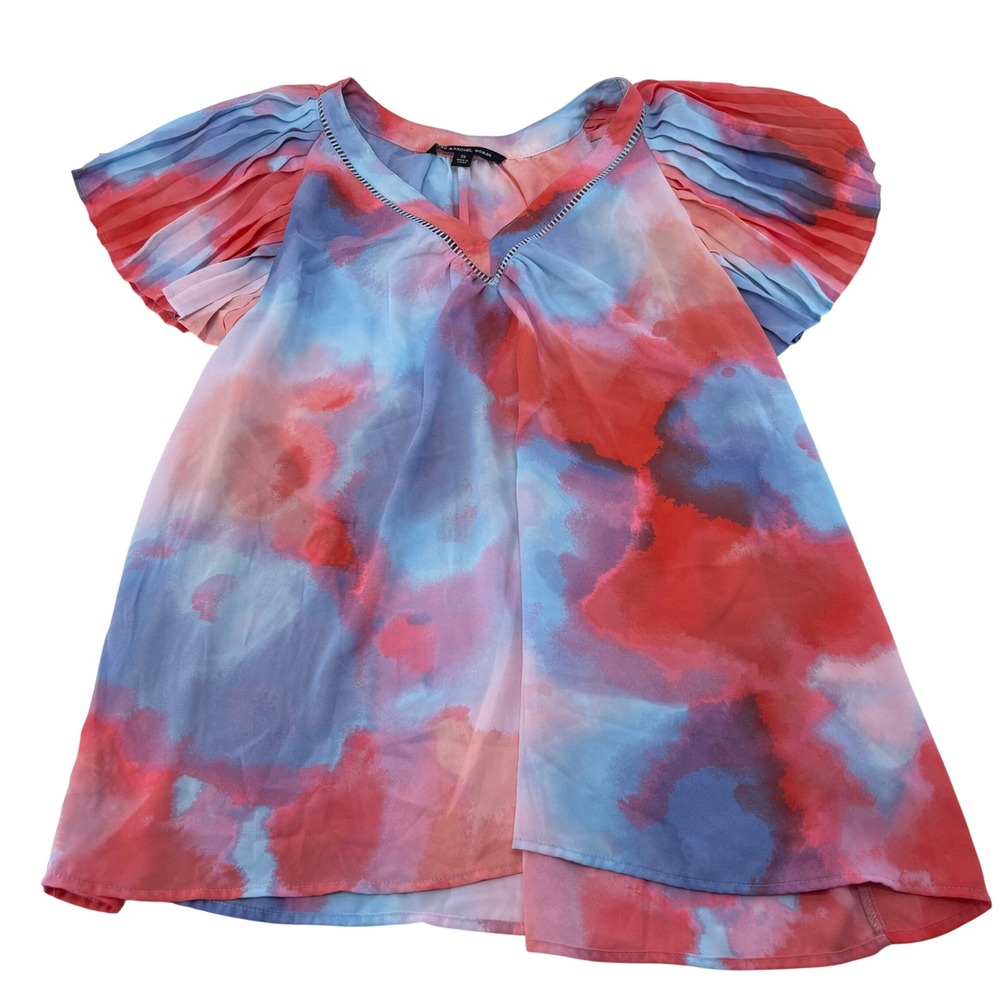 Zac & Rachel Woman 2X Watercolor Abstract Pleated Flutter Sleeve Blouse V-Neck